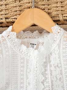 SHEIN Vestido azul con tirantes, decoración de volantes, y chaqueta de encaje blanco para niñas, conjunto elegante y dulce para verano