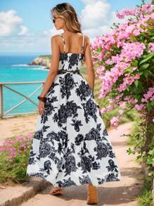 SHEIN VCAY 2 Stücke Set mit Camisole-Top und Midirock mit Blumenmuster für Damen, Urlaubsoutfit, 25er Jahre, Sommeroutfits für Frauen, Sommerkleidung, Strandurlaubsoutfits, Strandoutfits für Frauen - Schwarz und Weiss - Übersicht 3