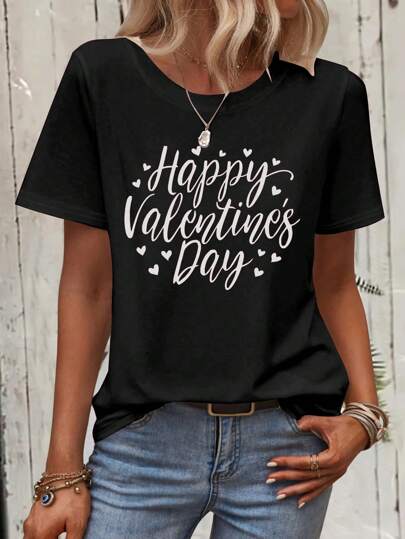 SHEIN LUNE Camiseta casual de mujer de manga corta con cuello redondo y estampado de eslogan