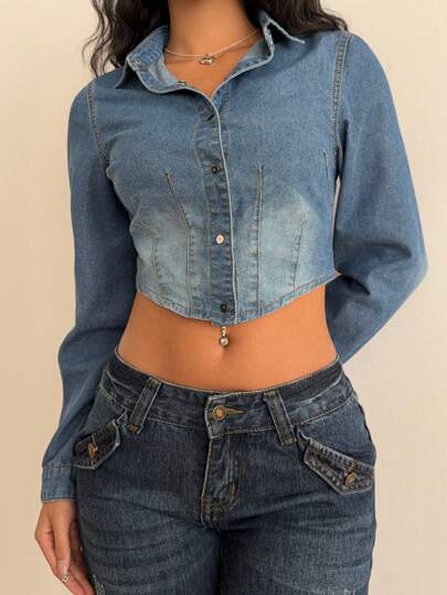 SHEIN EZwear Women Cropped Denim Jacket, Casual Fitted Long Sleeve Blue Outerwear