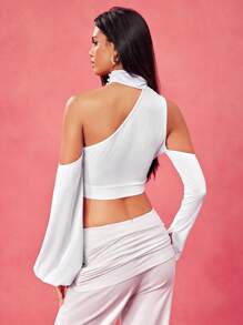 Tristan Blake Designer Witte Off-The-Shoulder Opstaande Kraag Geplooide Cropped Halter Top, Festival