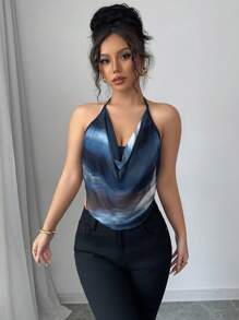 Selianne Áo ba lỗ cổ xếp li in họa tiết Tie Dye dành cho nữ - Màu xanh lam - Xem 5