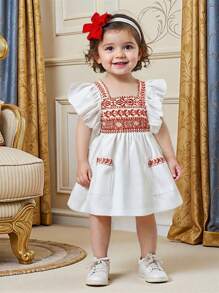 SHEIN 女婴时尚法式复古刺绣装饰衬衫新款盖袖连衣裙 - 白色 - 查看 1