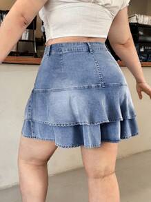 SHEIN EZwear Chân váy mini denim cỡ lớn, giản dị và thời trang để mặc hàng ngày - Rửa nhẹ - Xem 3