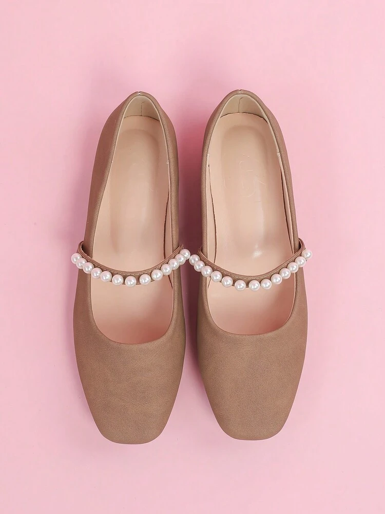 CUCCOO DOLLMOD Cute Shiny Pointed Toe Ballet Flats With 3D Faux Pearl Strap Decor, Romantic Sweet Brown Lace-Up Ballerina Flat Shoes For Women, Suitable For Date, Afternoon Tea, Party Valentine's Day