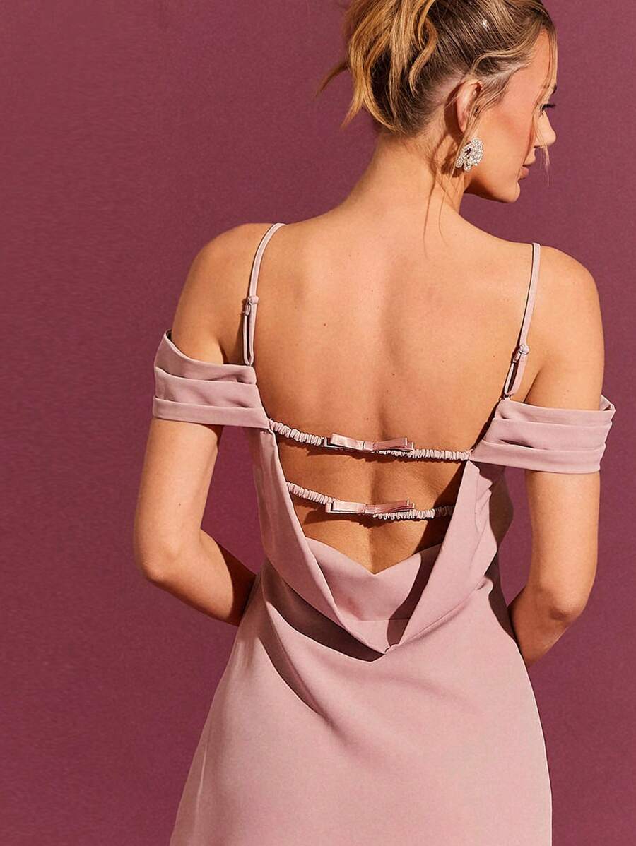 L'Amorae Cold Shoulder Simple Fashionable Backless Daily Casual Dress - Pink - View 1