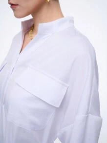 Aalyst Casual Solid Color Front Pocket Shirt Dress - White - View 5