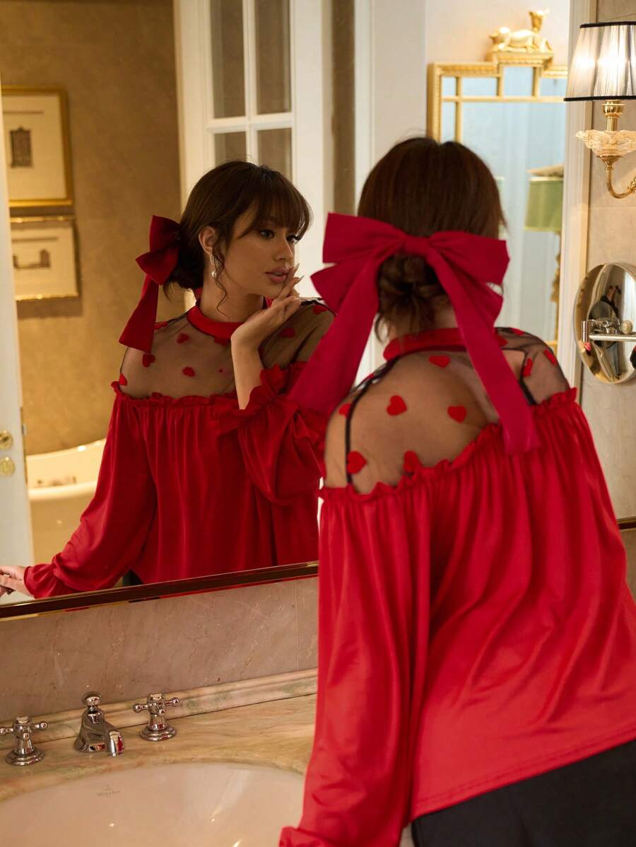 Elenzga 女式心形网眼拼布喇叭袖 T 恤，红色，适合春季派对、新年、情人节 - 紅色 - 查看 1