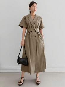 Dazy-Less Đầm suông màu trơn bó eo đơn giản cổ chữ V phong cách công sở, dài đến bắp chân cho nữ, váy suông - xanh quân đội - Xem 6