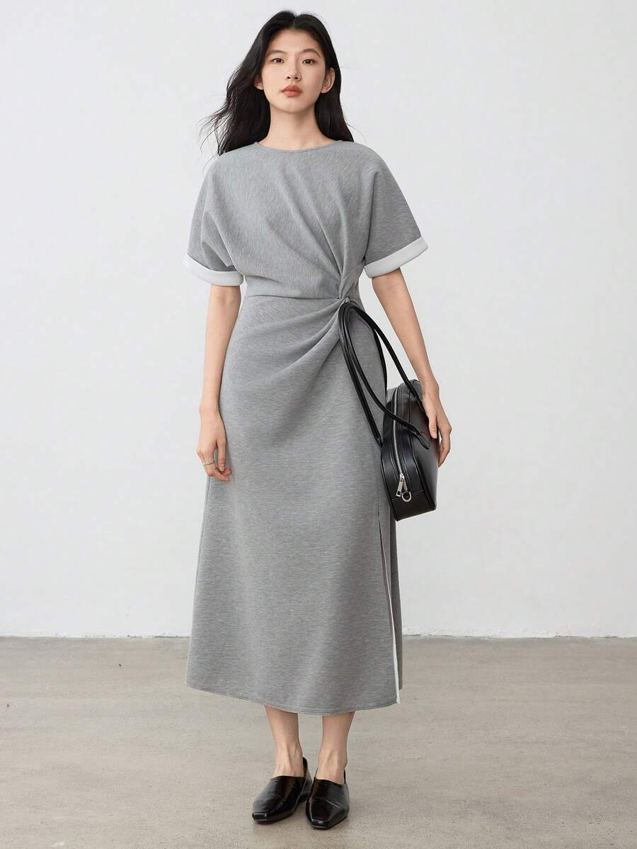 Dazy-Less 优雅商务休闲拼色扭纹设计高开叉中长款连衣裙，适合女士老式风格太阳裙 - 灰色 - 查看 1