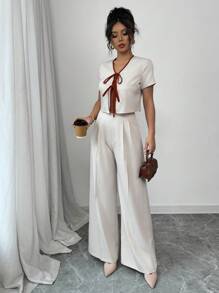 Chiquease 女士优雅系带前蝴蝶结 V 领上衣和直筒裤 2 件套，适合通勤和休闲穿着