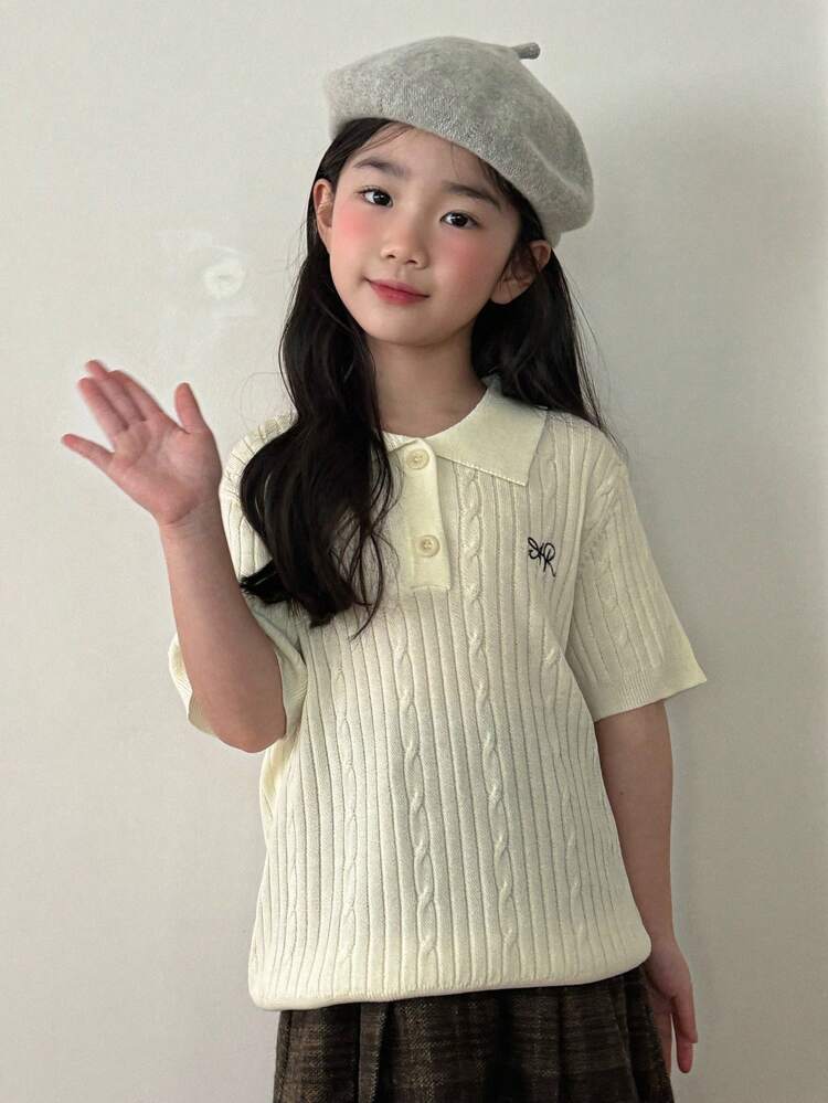 Tween Girl Pattern Polo Collar Short Sleeve Casual Knit Sweater, Summer, Back To School