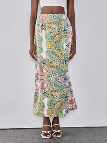 Chiquease 波西米亚风松紧腰带佩斯利印花时尚百搭美人鱼下摆裙子