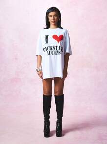 SUMWON WOMEN Backstage Access Herz-Muster Oversized T-Shirt Konzert Festival Musik Fan Grafik Tee VIP Party Statement Top Konzert Tour Merchandise - Weiss - Übersicht 6