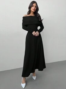 Firerie 女士纯色露肩长袖长裙，简约时尚休闲日常穿着 - 黑色 - 查看 6