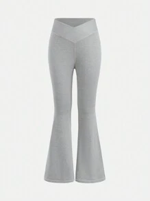 SHEIN Girlism Tween Girls' Solid Color Knit Skinny Flared Pants, Athletic Streetwear Style - Light Grey - View 1