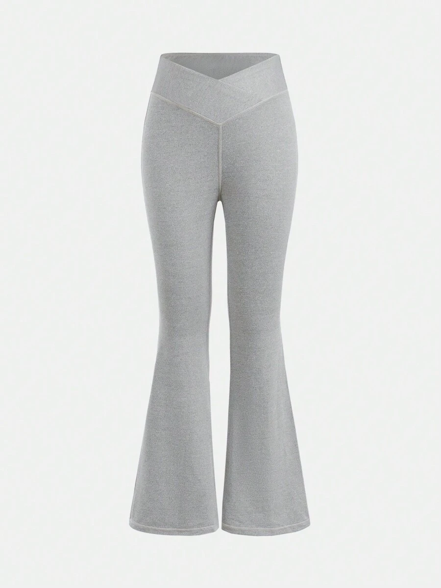 SHEIN Girlism Tween Girls' Solid Color Knit Skinny Flared Pants, Athletic Streetwear Style - Light Grey - View 1