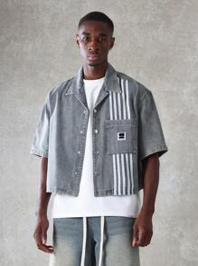 SUMWON 街头潮流宽松牛仔衬衫夹克赛车条纹设计纽扣休闲短袖夏季春季时尚外套