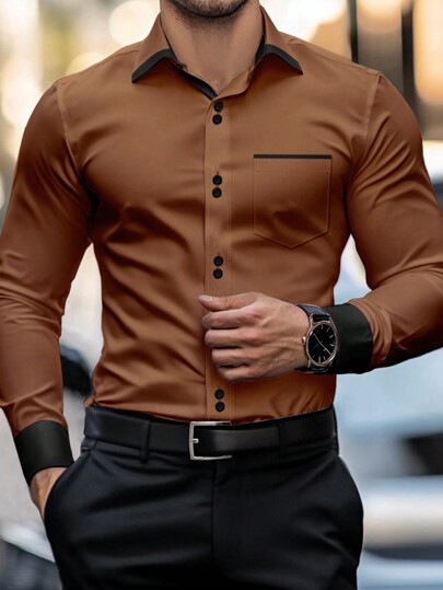 Manfinity Mode Men's Solid Color Casual Shirt, Simple And Fashionable, For Everyday Wear, For Fall