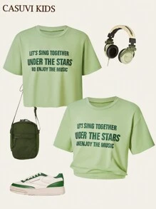 SHEIN 1 pezzo Maglietta verde casual e chic da ragazza, versatile, con spalle scoperte, collo rotondo e maniche corte, adatta per la primavera/estate