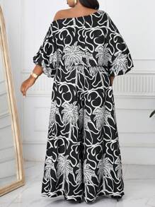 SHEIN Lady 春夏优雅复古工作休闲办公室黑白棕榈叶假日图案编织露肩舞会礼服主教袖露背新款大码连体裤