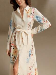Anewsta Elegant Linen-Like Printed Tie Waist Floral Midi Dress, Spring Outfit For Women - Yellow - View 1
