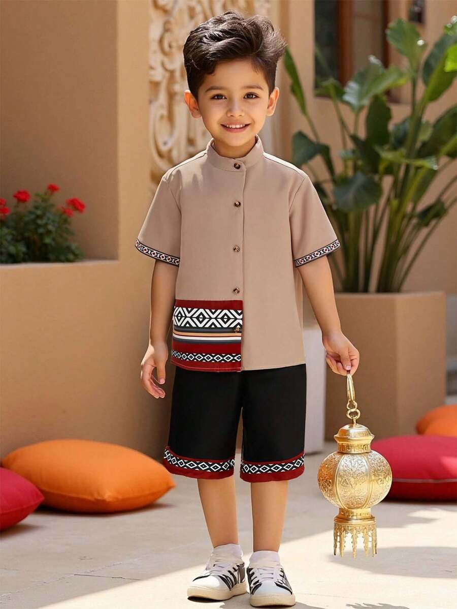 2pcs Tween Boy Geometric Print Single Breasted Shirt And Shorts Set - Khaki - View 1