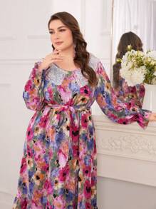 Modelyn Plus Size Women Floral Print Contrast Lace Midi Dress - Purple - View 4