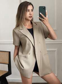 Livesso Blusa de manga corta, suelta y de unicolor, con estilo vintage casual, chaqueta de mujer para primavera y verano, blazer de mujer para ropa de trabajo y atuendo de negocios