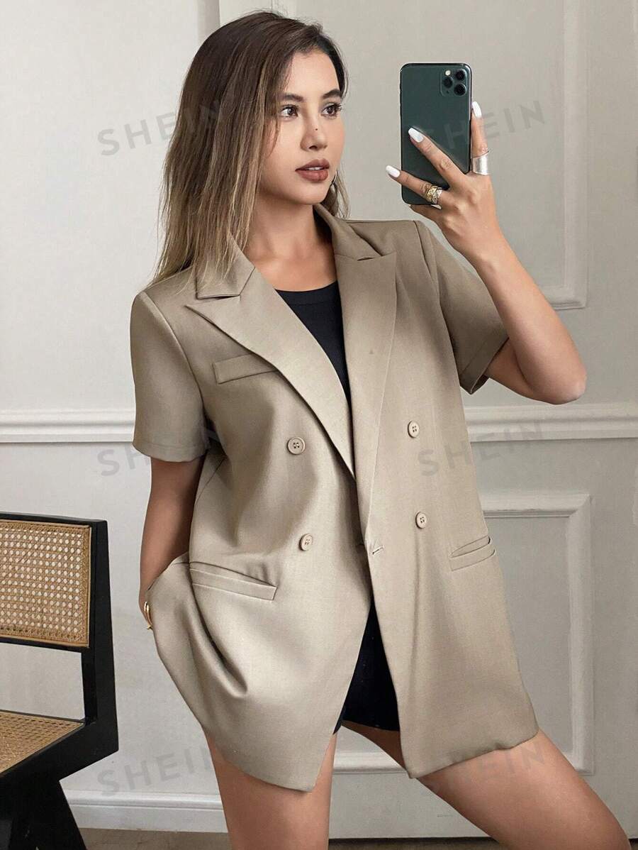 Livesso Blusa de manga corta, suelta y de unicolor, con estilo vintage casual, chaqueta de mujer para primavera y verano, blazer de mujer para ropa de trabajo y atuendo de negocios