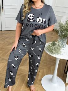 2 Pcs Cute Panda Print Plus Size Pajama Set - Multicolor - View 5