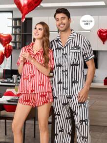 Men's Elastic Satin Print Lapel Collar Short Sleeve Pajama Set, Gift For Boyfriend