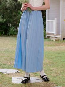 SHEIN Teen Girls Pleated Loose Pants,Blue Elegant Casual Vacation Clothing Suitable For Spring/Summer/Autumn,Office Wedding Season Princess Floral Design - Blue - View 4