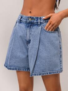 SHEIN Forever 21 Summer /Country Concert/Country Concert/Tea Party /Elegant /Concert /Casual Women/Summer /Mid-Waisted Blue Denim Shorts - Blue - View 4