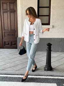 Chiquease Contrast Color Round Neck 3/4 Sleeve Loose Casual Versatile Commuter Jacket - White - View 4