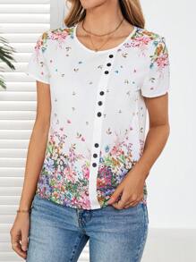 EMERY ROSE 女士休闲花卉印花短袖假日衬衫 - 彩色 - 查看 6