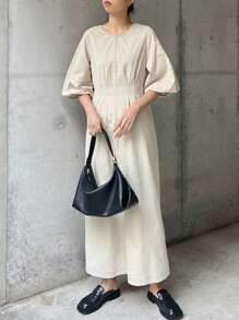 FRIFUL 女士杏色长灯笼袖连衣裙，通勤商务休闲办公室装，春季太阳裙 - 杏色 - 查看 5