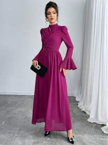 Veilorie Rose Red Fold Rhinestone Romantic And Elegant Arabic Style Dress, Lotus Long Sleeves Fashionable For Daily Wear Spring Valentine's Day Rave Outfits Festival,Modest - Rose Red - View 3