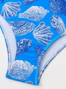 SHEIN Swim Curve Summer Plus Size 3Pcs Women's Adjustable Strap Bikini Set, Random Printed Cover Up, Ocean Shell Metal Accent, Casual Beach Holiday