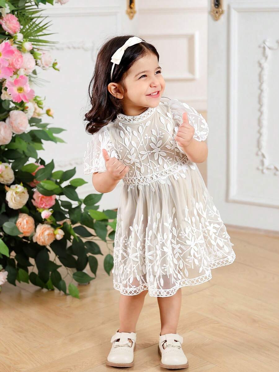 Baby Girl Floral Embroidered Mesh Puff Sleeve Cute Dress - Beige - View 1