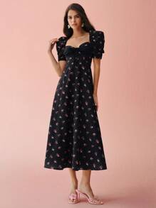 Enchnt Váy dài tay bồng ngắn in họa tiết chấm bi và hoa hồng dễ thương mùa xuân/hè lãng mạn cho nữ, ngọt ngào và thanh lịch cho ngày lễ và ngày hẹn hò ngọt ngào và đi làm hàng ngày - màu đen - Xem 4