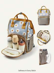 Cozy Pixies 1pc New Mom Bag Daisy Print Backpack, Spacious Multi-Function Maternity Nappy Bag For Outdoor Casual Wear - Multicolor - View 1