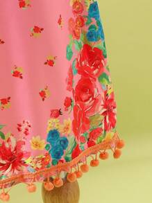 SHEIN Vestido de vacaciones de niña joven con decoración floral, colorida, con flecos y pompones - Multicolor - Ver 4