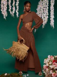 Travachic 女士度假纯色露肩灯笼袖镂空性感连衣裙