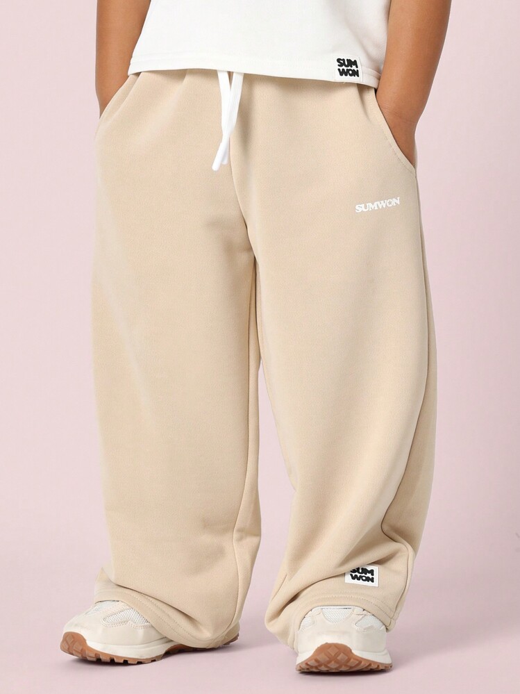 SUMWON 青少年阔腿运动休闲裤，宽松版型，弹性腰带抽绳设计，适合训练、运动、休闲冬季抓绒街头风慢跑裤和度假穿着。 - 棕色 - 查看 1
