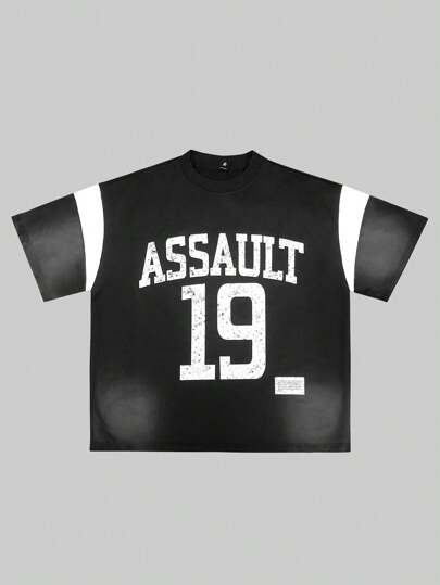 Prep Herren Boxy Fit Jersey Patchwork Farbblock Grafik Muster Fußball Trikot Stil T-Shirt, Streetwear Stil
