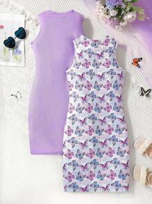 Sparklyn 2pcs Tween Girl' Butterfly Pattern Contrasting Ribbed Bodycon Sleeveless Casual Street Chic Dress, Summer Summer Holiday - Multicolor - View 2