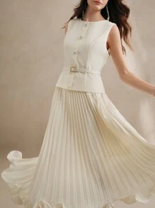 Anewsta 时尚优雅无袖单排扣珍珠纽扣百褶腰连衣裙，适合情人节、暑假、新年、端庄、老钱风格、婚礼嘉宾