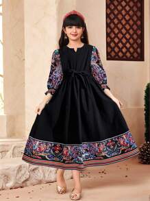 SHEIN Tween Girl Retro Print Puff Sleeve A-Line Long Dress - Black - View 1