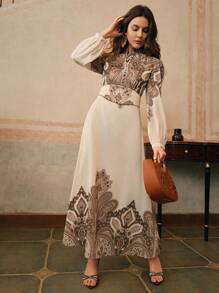 Anewsta Váy tay dài cổ đứng in họa tiết Paisley thanh lịch, thích hợp cho ngày lễ tình nhân, năm mới và kỳ nghỉ - Màu be - Xem 3